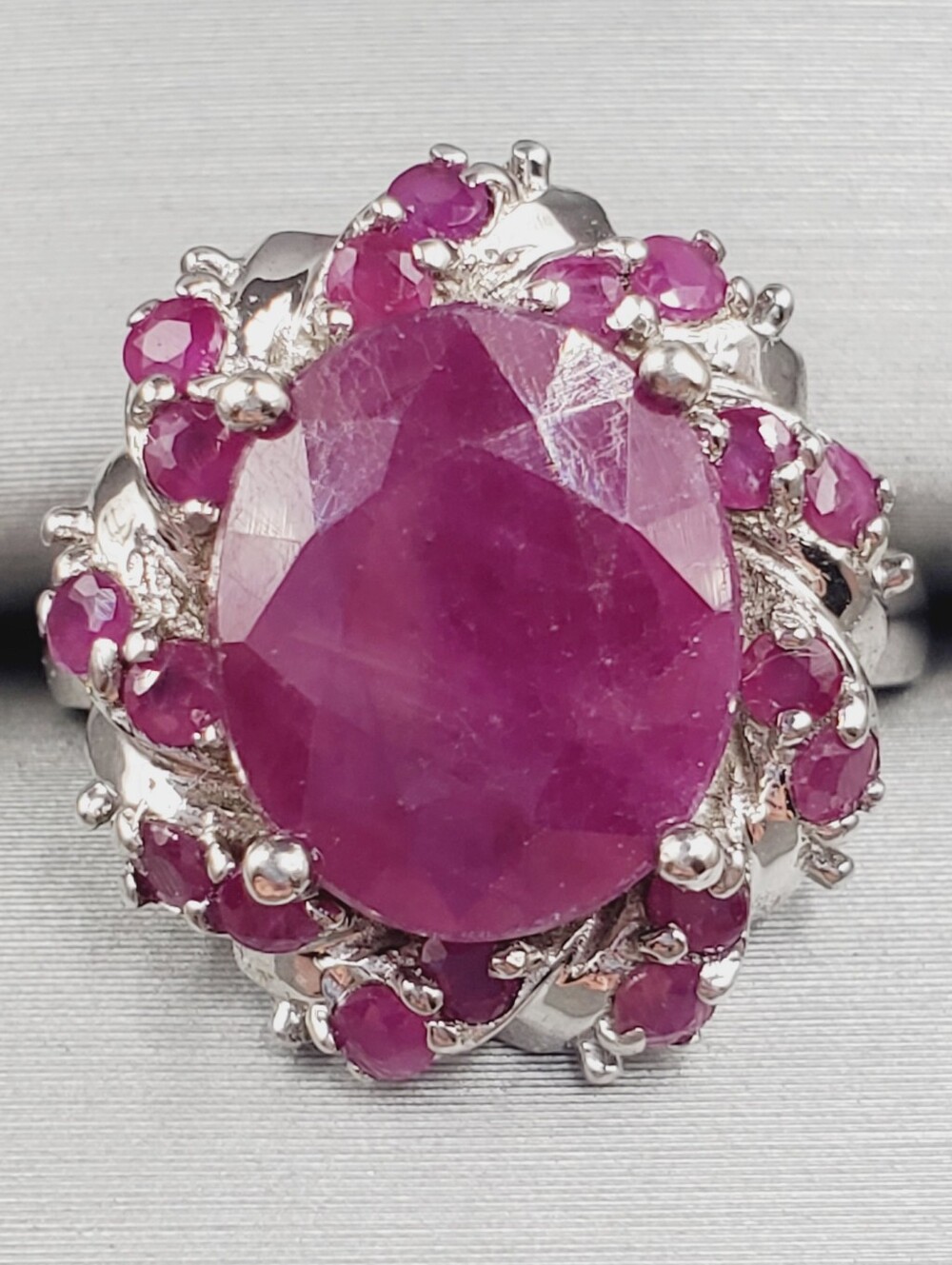 Genuine Oval Ruby Halo 925 Sterling Silver Statement Ring